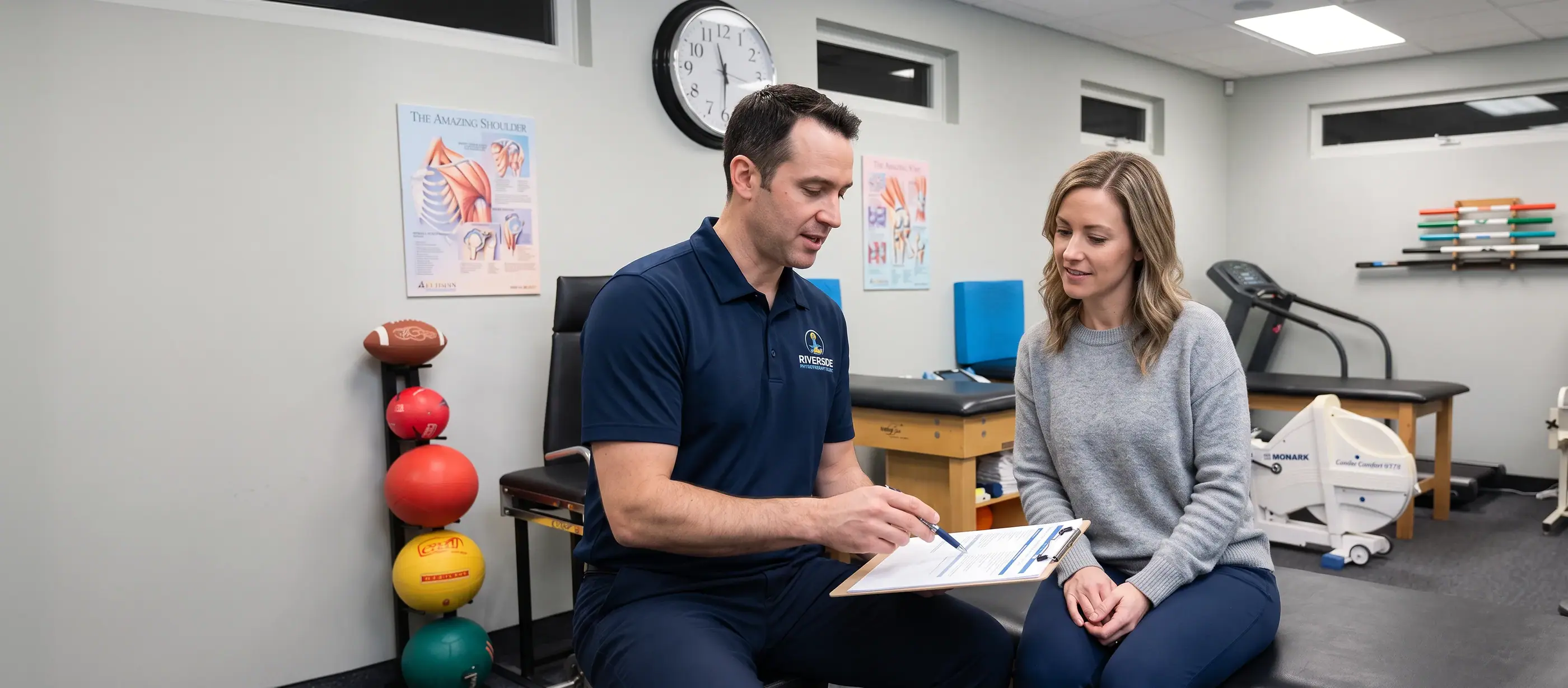 A Riverside physiotherapist reviewing a treatment plan with a patient